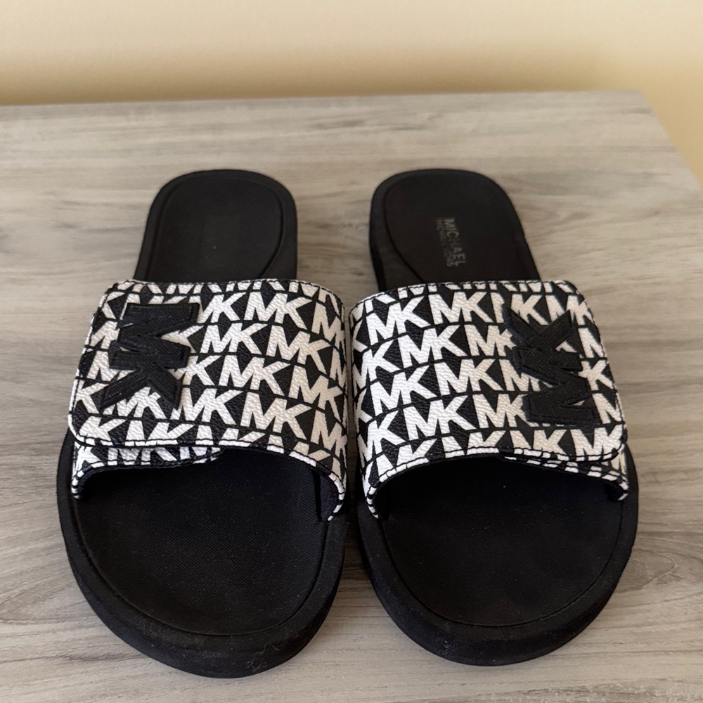Michael Kors Black and White MK Logo Slide Sandals